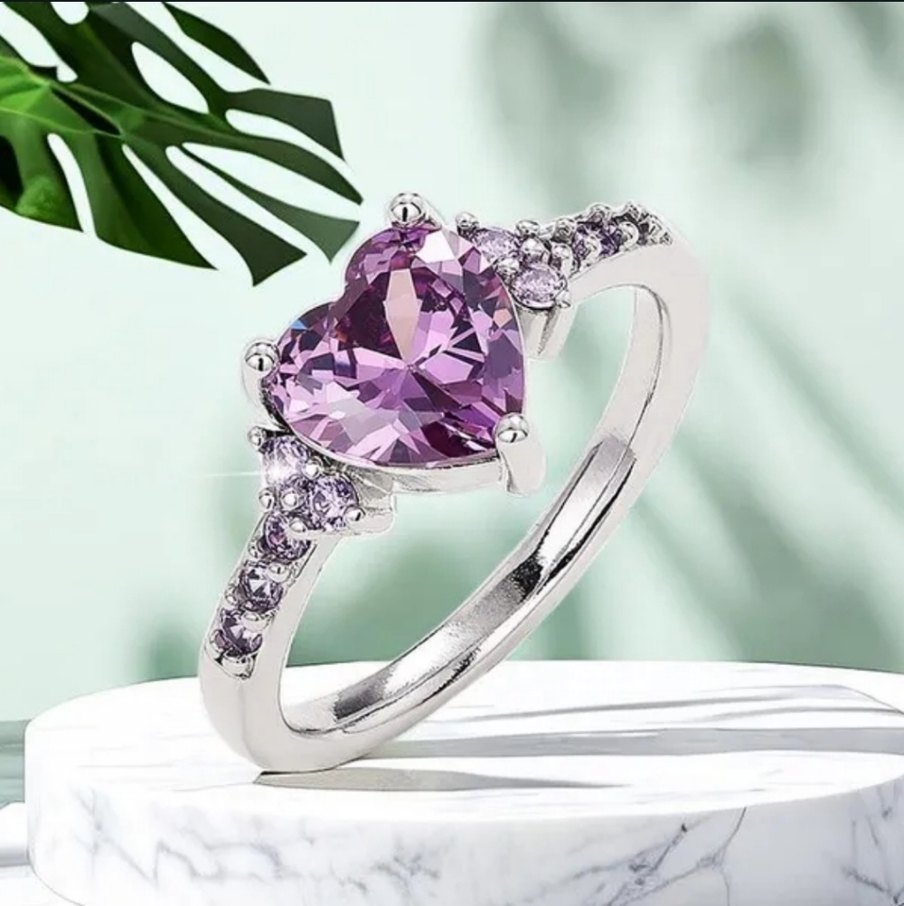 Heart-Shaped Purple Gemstone Silver Ring